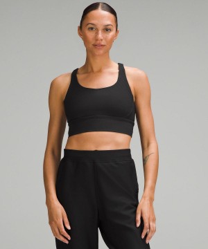 Lululemon Energy Ribbed Longline Medium Support, B–D Cups Sports BH Dame Svarte | NO_LuLu65391