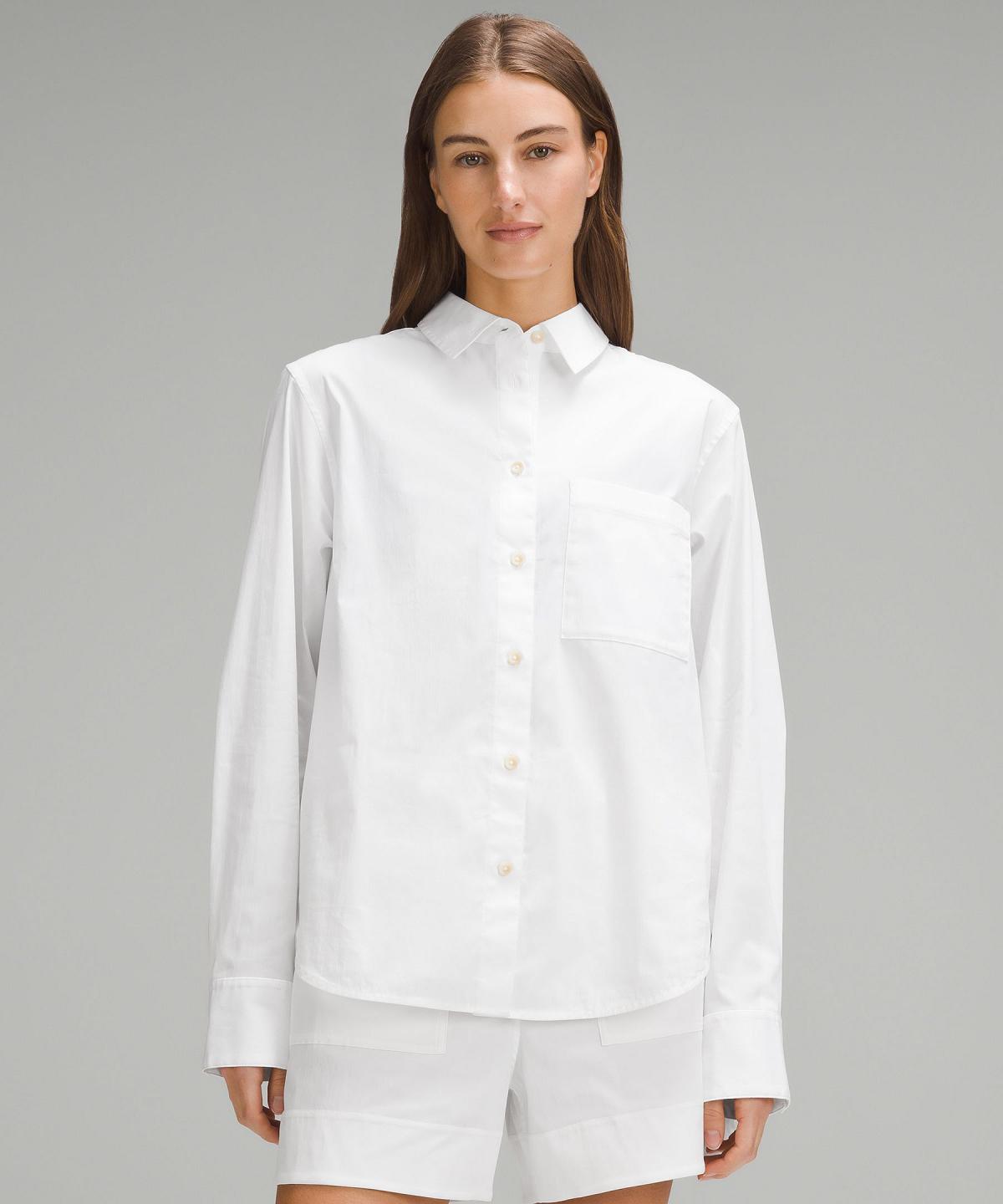 Lululemon Relaxed-Fit Cotton-Blend Poplin Button-Down Langermet Skjorte Dame Hvite | NO_LuLu63629