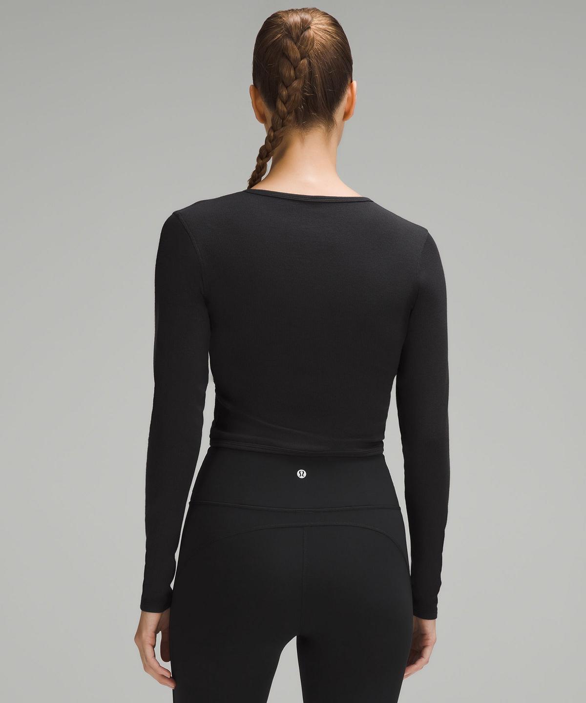 Lululemon Wrap-Front Ribbed Long-Sleeve Top Langermet Skjorte Dame Svarte | NO_LuLu56344