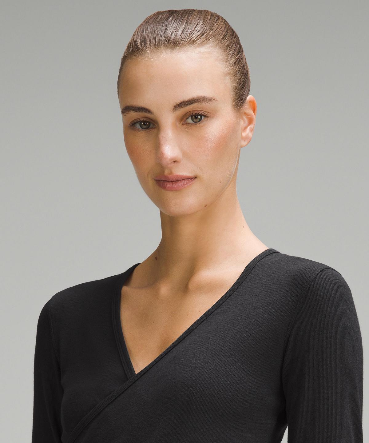 Lululemon Wrap-Front Ribbed Long-Sleeve Top Langermet Skjorte Dame Svarte | NO_LuLu56344