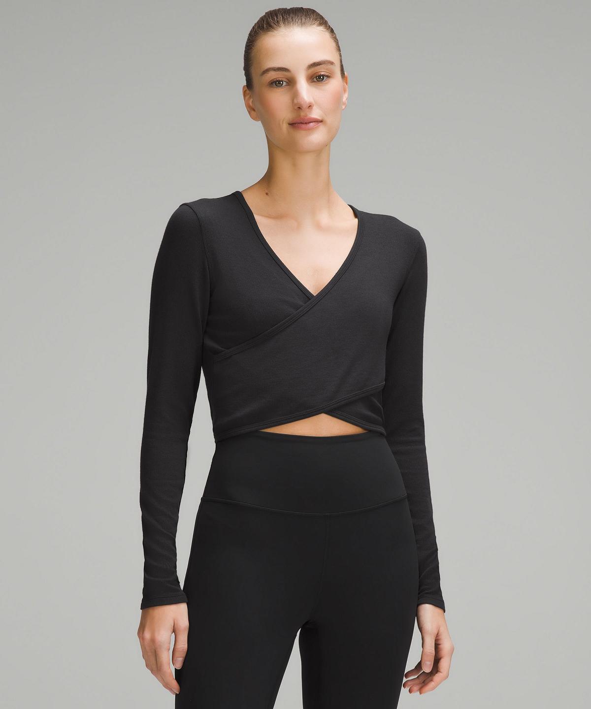 Lululemon Wrap-Front Ribbed Long-Sleeve Top Langermet Skjorte Dame Svarte | NO_LuLu56344